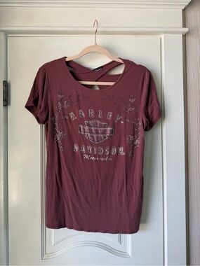 Harley-Davidson Women's Burgundy Rhinestone Logo Strappy Back Tee
